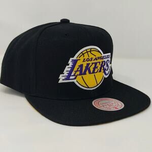 Los Angeles Lakers Big Logo Snapback Hat Black Gold Brim Retro Mitchell & Ness